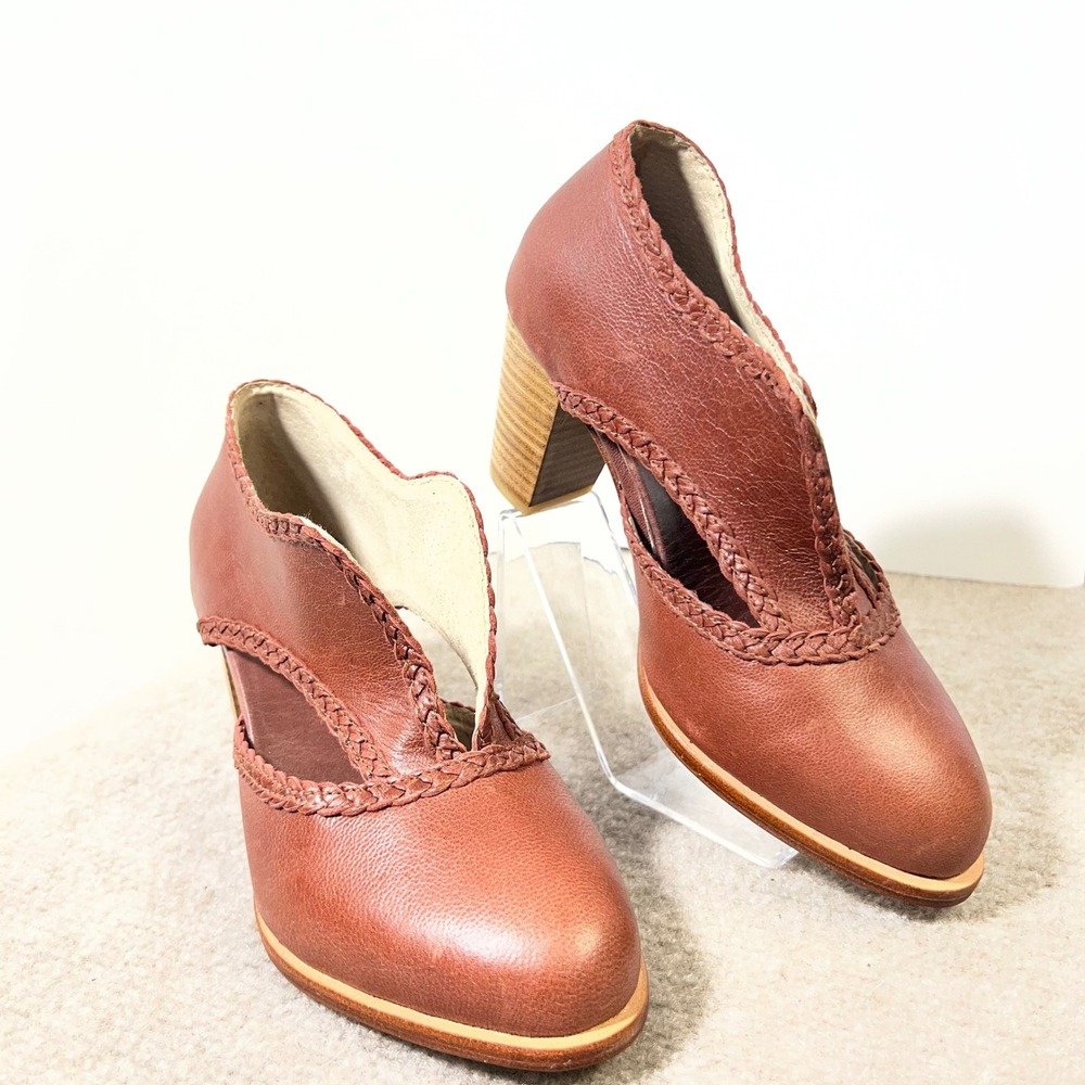 Bali Elf Leather Spirit Walker Booties Braided Cutout Stack Heel 7L Boho Artisan